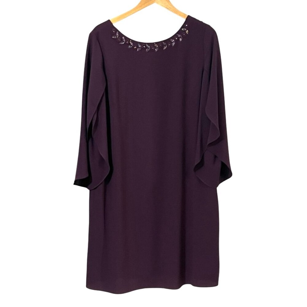 I.N. Studio Plum Purple Dress Womens 16 Beaded Neck Flutter Sleeve Lined Cocktai